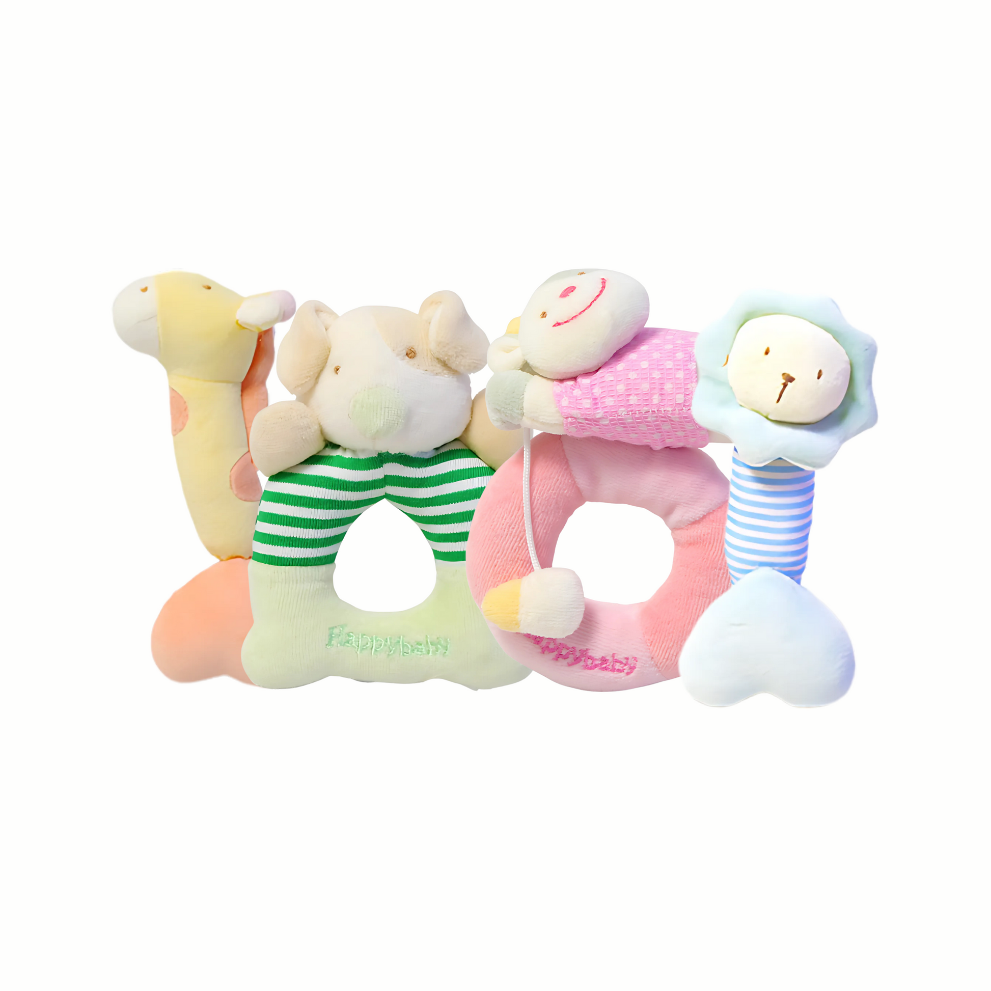 Four gentle plush animal rattles from the Plush House Rattle Set for baby's exploration