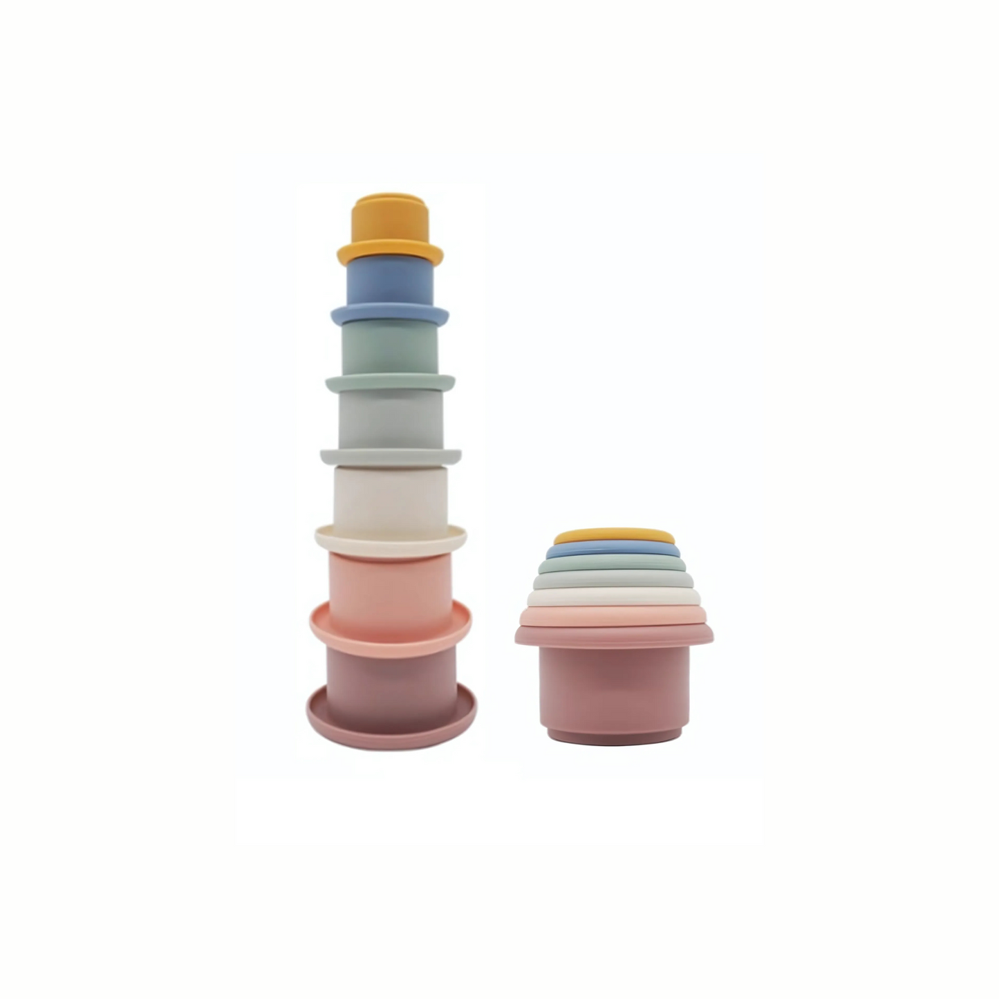 A full set of silicone stacking cups in muted colors. One tall tower is fully stacked, while a second stack shows the cups nested inside one another. The image demonstrates the two primary ways the cups can be played with.