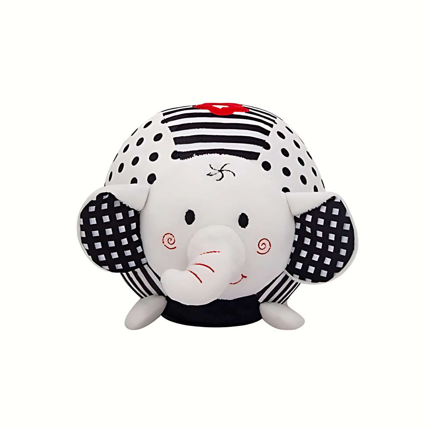 Plush black and white elephant sensory toy, high-contrast design to stimulate infant vision