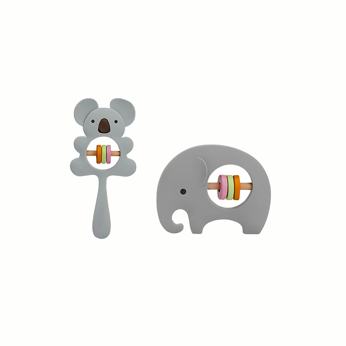 Grey Silicone Rattle Teether Set featuring koala and elephant designs