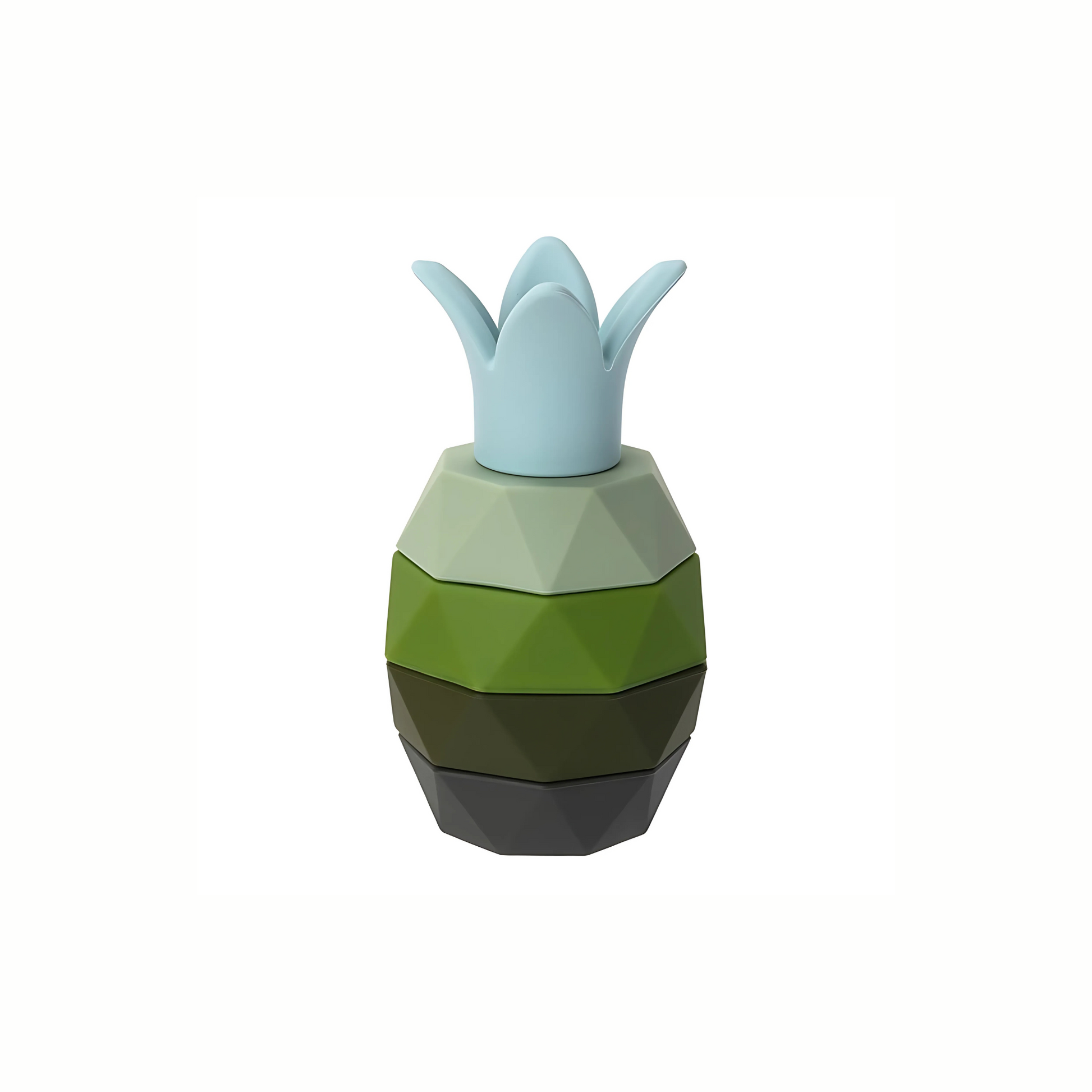 A set of silicone stacking rings in the shape of a pineapple with a blue top. The rings are different shades of green and blue