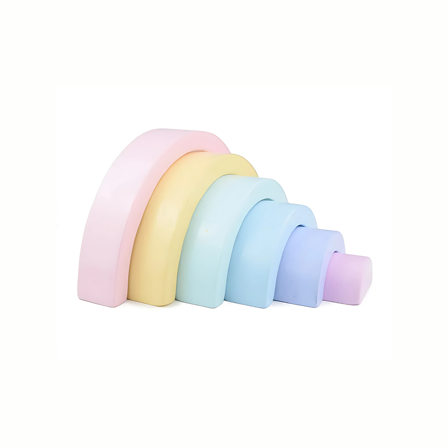 Silicone Pastel Rainbow Stacking Blocks neatly arranged side by side, showcasing the soft pastel colors and versatile arches