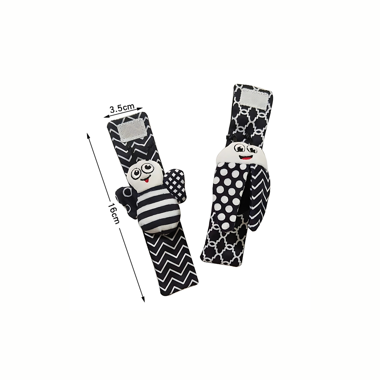 A pair of black and white baby rattle wristbands with measurements. The image shows the dimensions of the eco friendly baby toy with a width of 3.5cm and a length of 16cm.