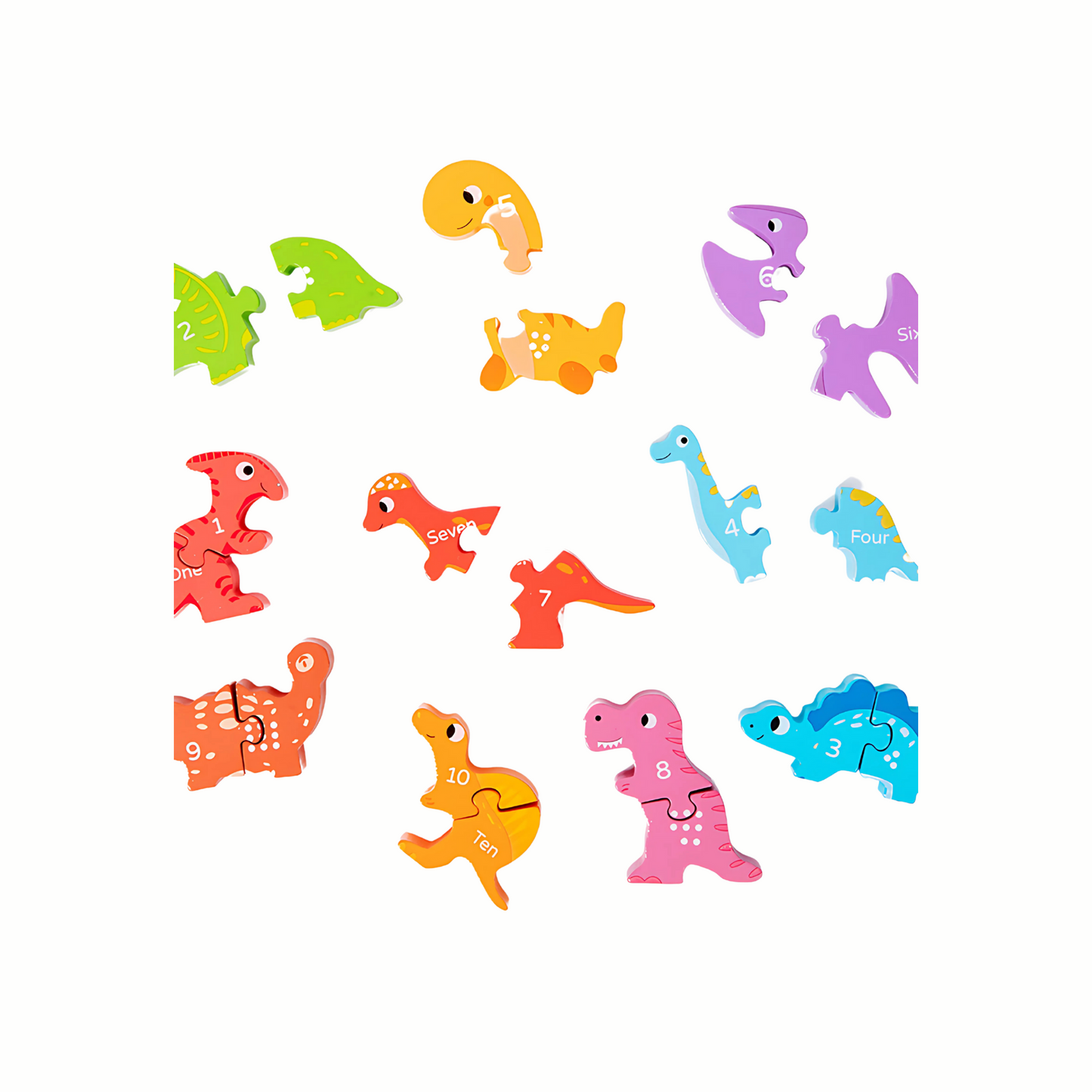 A colorful wooden dinosaur puzzle with all the pieces laid out on a white background. The individual pieces are shaped like dinosaurs in various colors like green, orange, and purple, and can be used as a puzzle or for stacking. This shows the open ended nature of the toy.