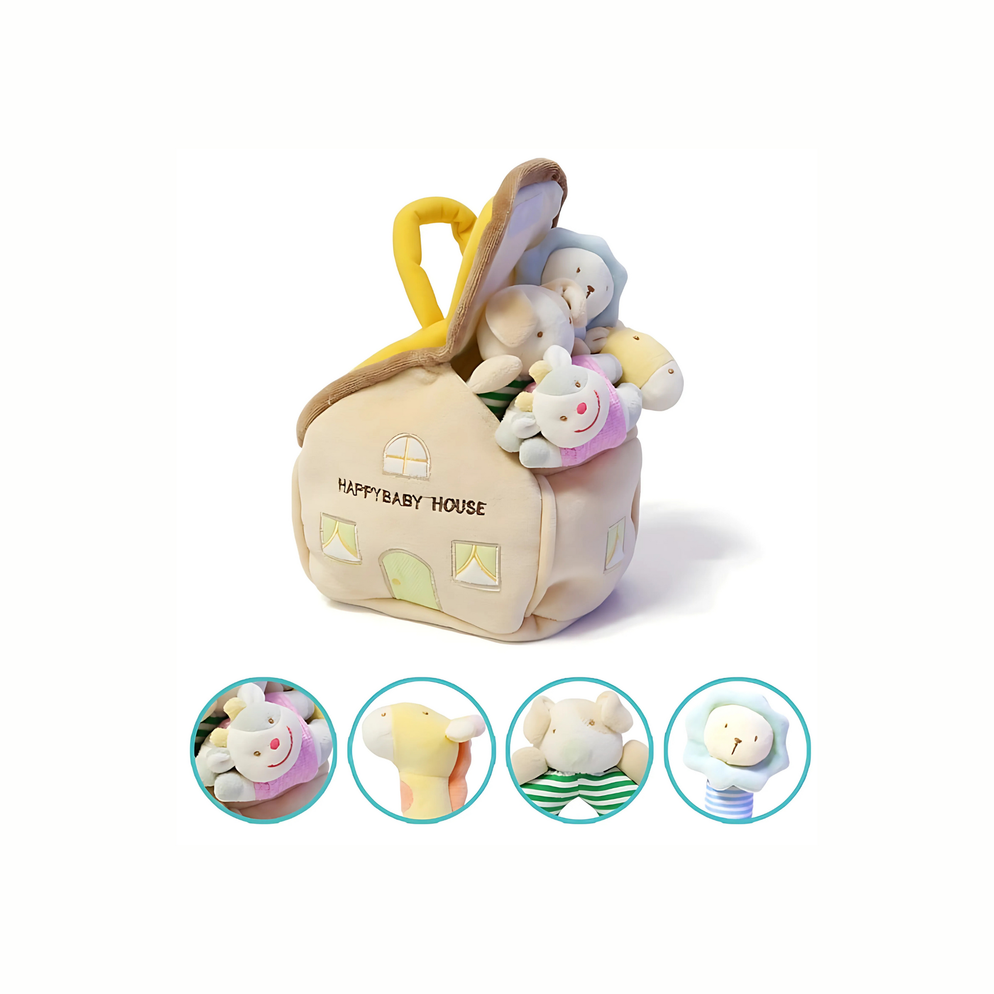 Plush House Rattle Set with animal rattles, accompanied by close-ups of each plush elephant, lion, rabbit, and koala face