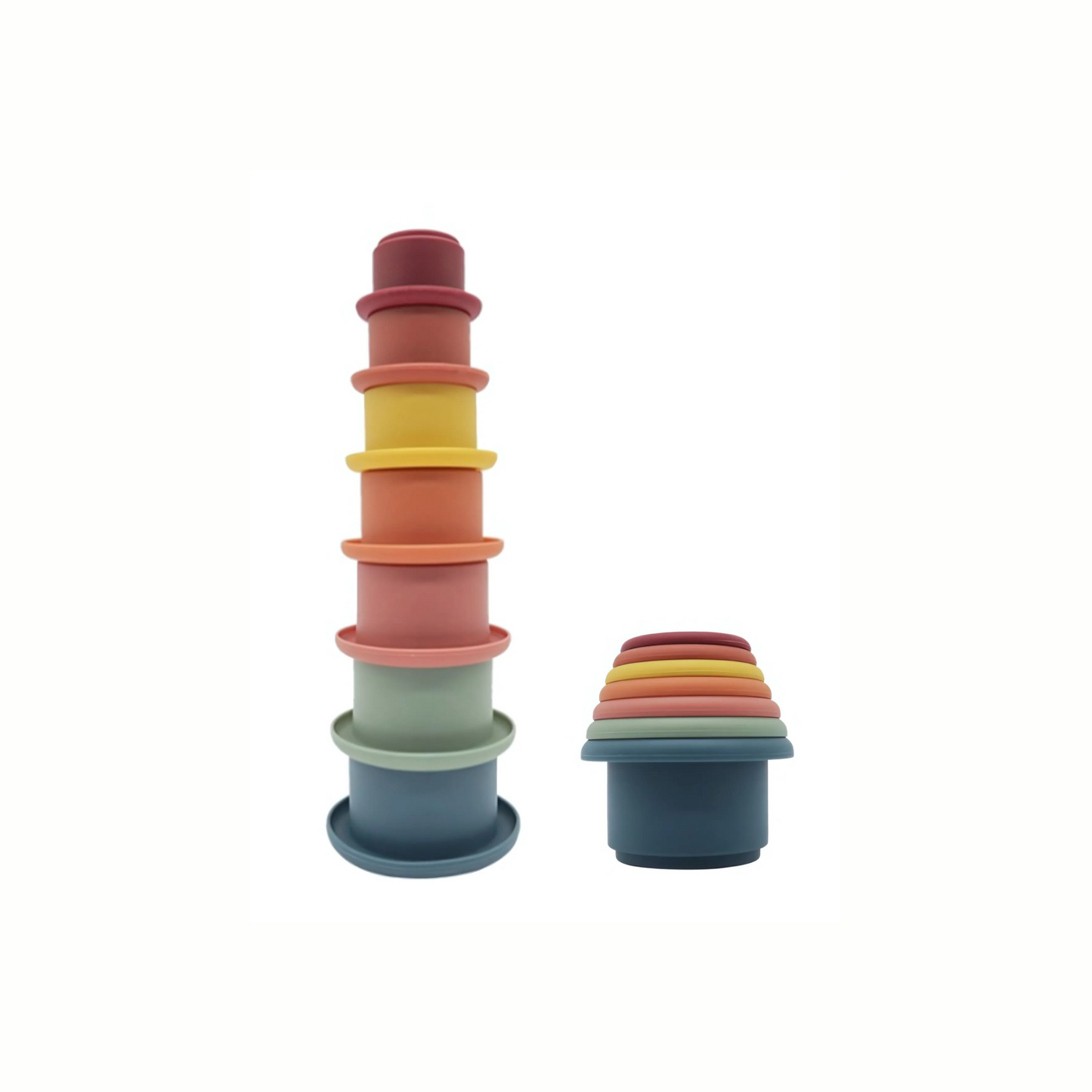 A full set of silicone stacking cups in muted colors. One tall tower is fully stacked, while a second stack shows the cups nested inside one another. The image demonstrates the two primary ways the cups can be played with.
