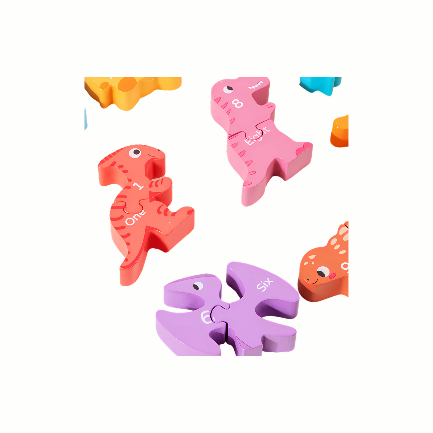 A close up of three wooden dinosaur puzzle pieces. The pieces are a pink triceratops with the number 'five', an orange T-Rex with the word 'six' on it, and a purple stegosaurus with no text. The pieces interlock like a puzzle.