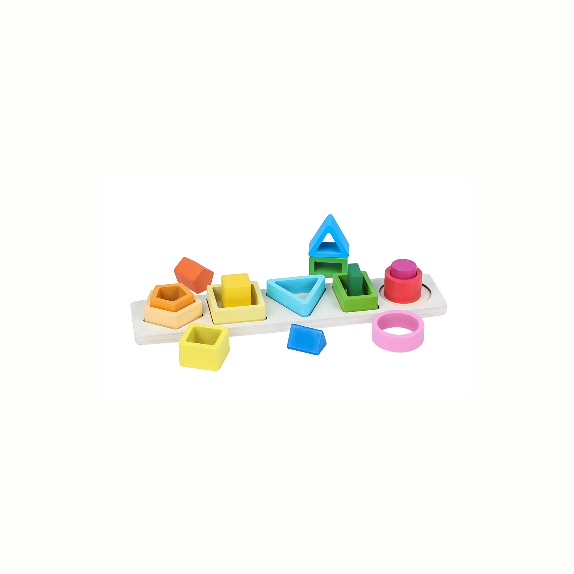 A wooden geometric puzzle with colorful shapes on a round white base. The shapes include squares, triangles, and circles in various colors like green, yellow, blue, and pink. The puzzle helps children learn about shapes and colors.