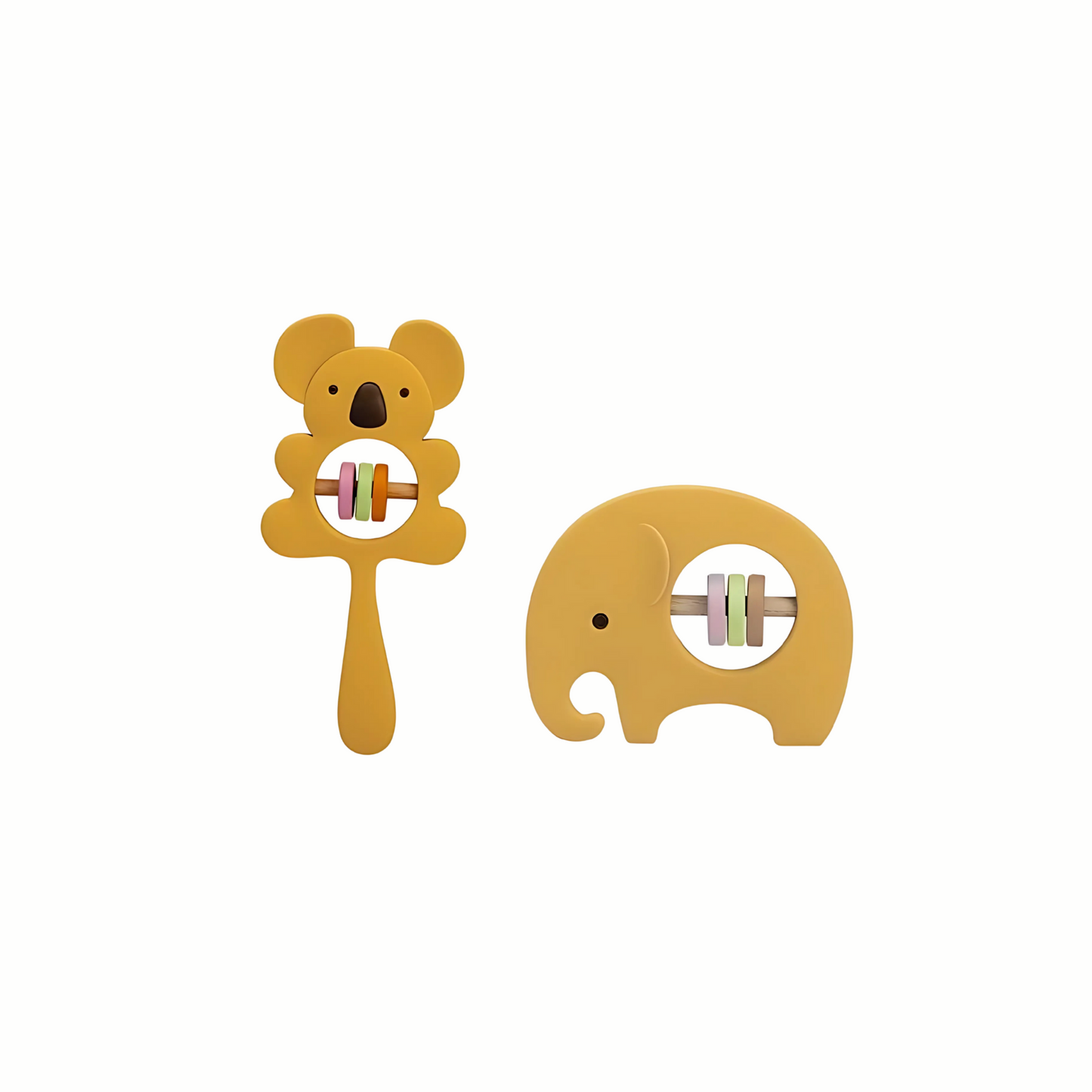 Yellow Silicone Rattle Teether Set featuring koala and elephant designs