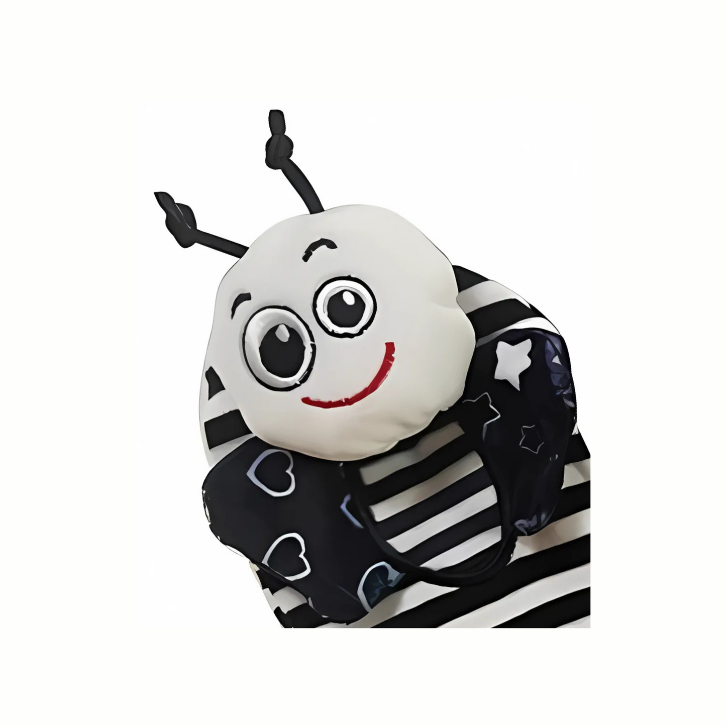 A close up of one black and white baby rattle sock with a bee face. The rattle sock has a smiling bee face with large eyes on a white head, and a black and white striped body. This eco friendly rattle sock is a soft toy designed for infant sensory play.
