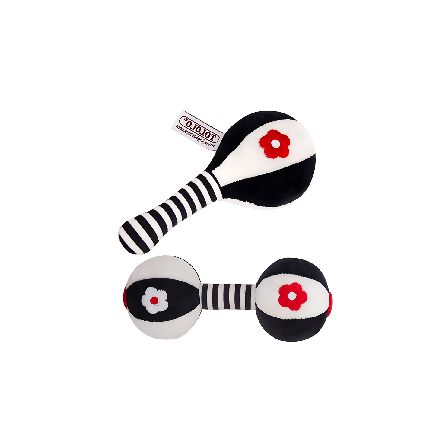Two Plush Black & White Rattles lying intertwined, showcasing their soft texture and stimulating patterns for babies