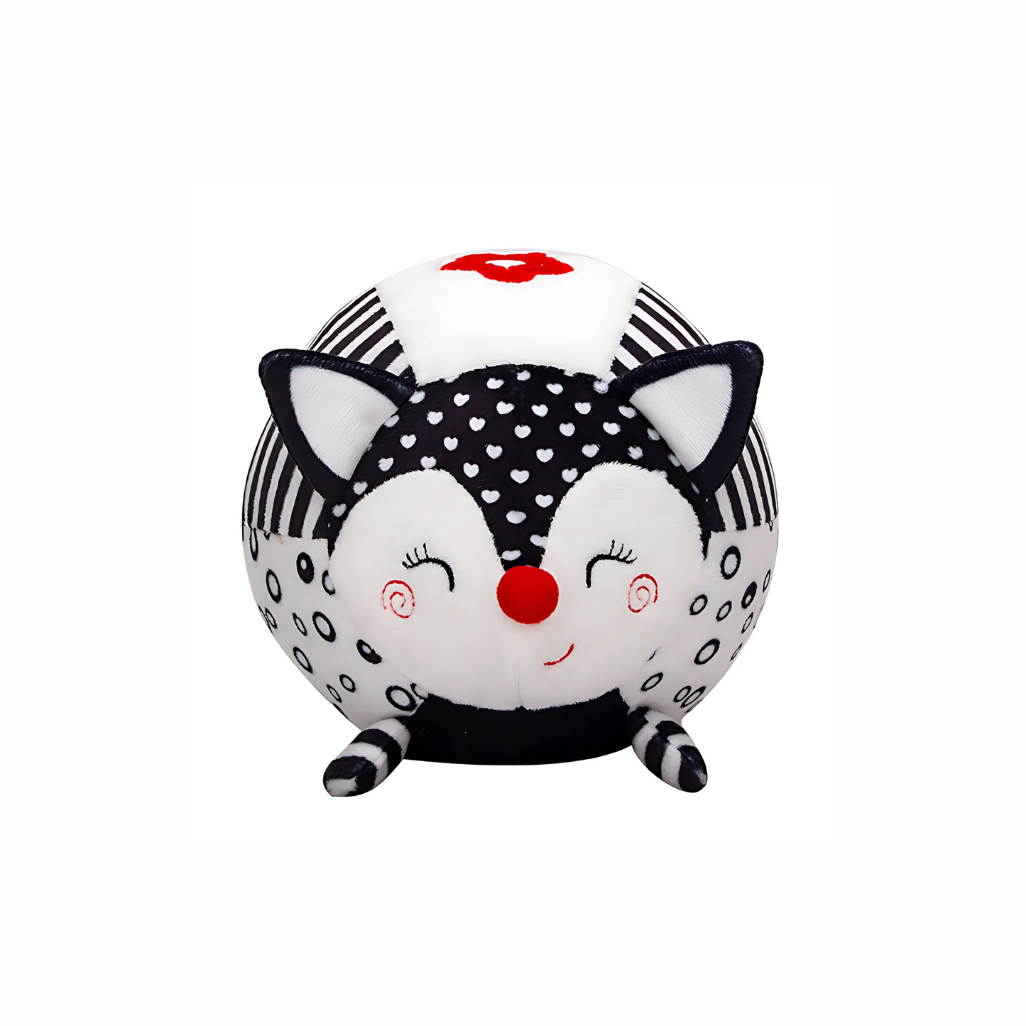 Plush black and white fox sensory toy, soft and safe for cuddling and visual development