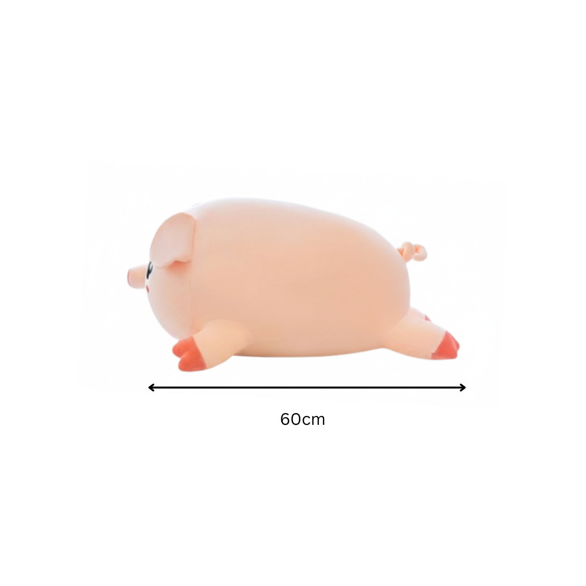 Pink Plush Huggable Piggy stuffed animal toy shown with a size reference demonstrating its full 60cm length, making it a giant, comforting companion for barnyard escapades.