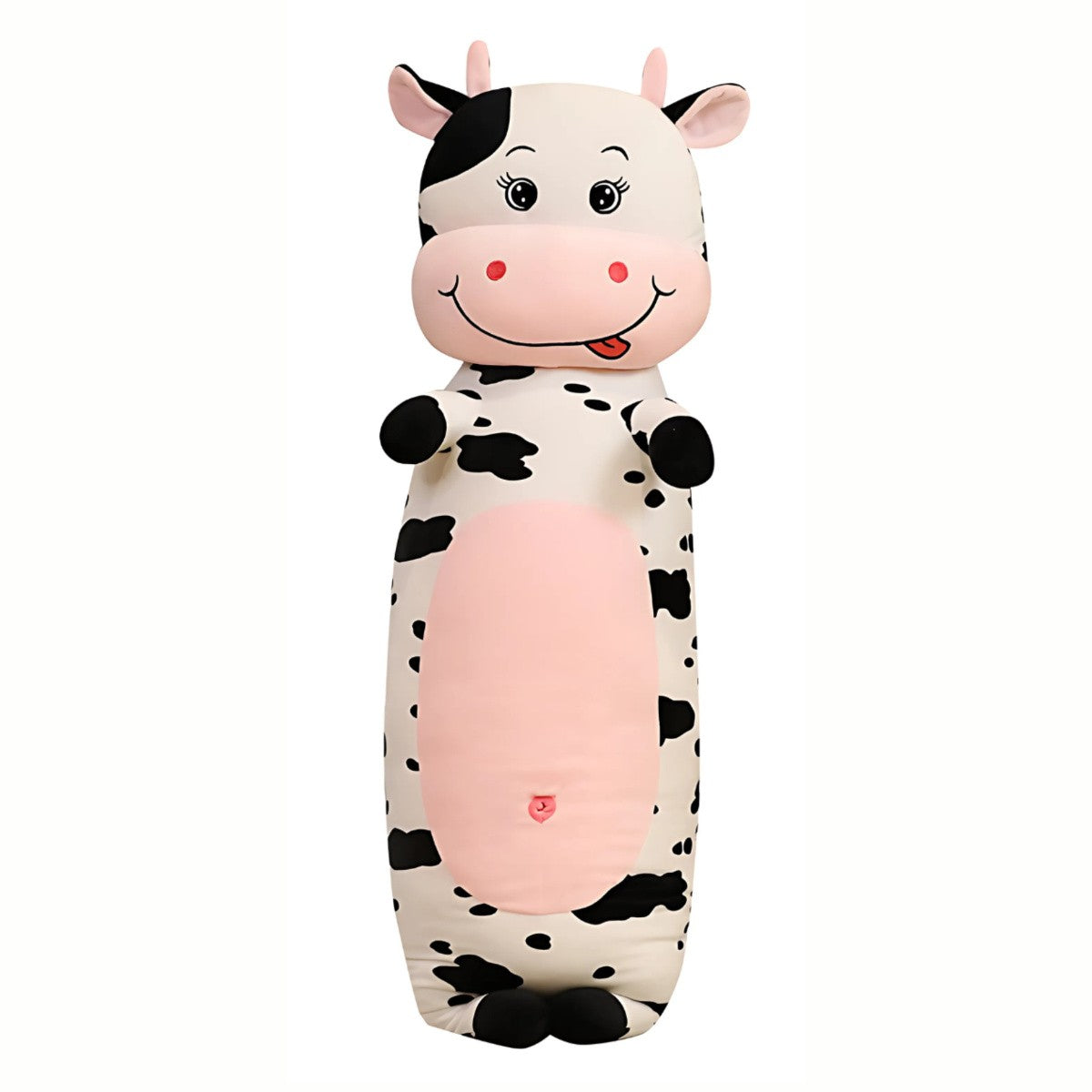 The Black and White Giant Plush Cute Cow Stuffed Animal toy viewed from a different position, showcasing its large, plush body ideal for lying down and dreaming of green pastures.