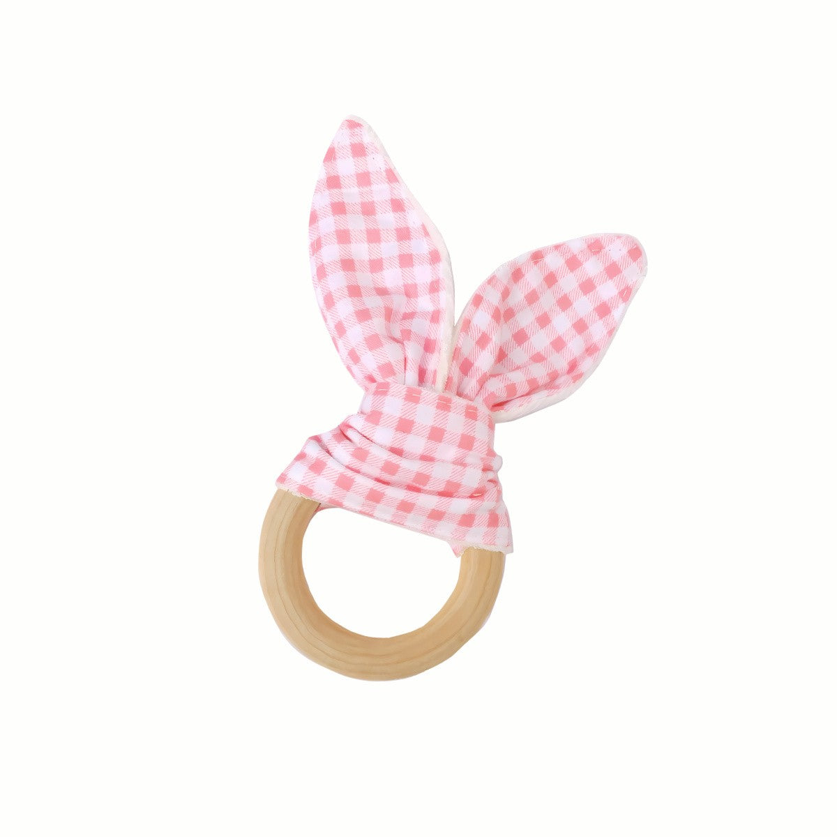 Full view of the pink and white gingham Wooden Bunny Teething Ring, designed to be a safe and satisfying solution for little gums to explore