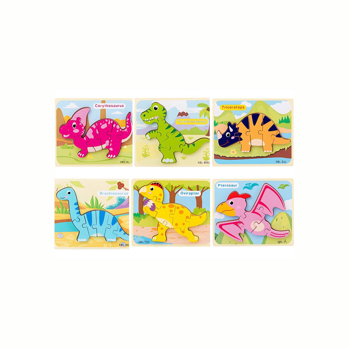 Wooden Dinosaur Puzzle Set, showing the first group of six unique dinosaur puzzles, designed to improve problem-solving abilities
