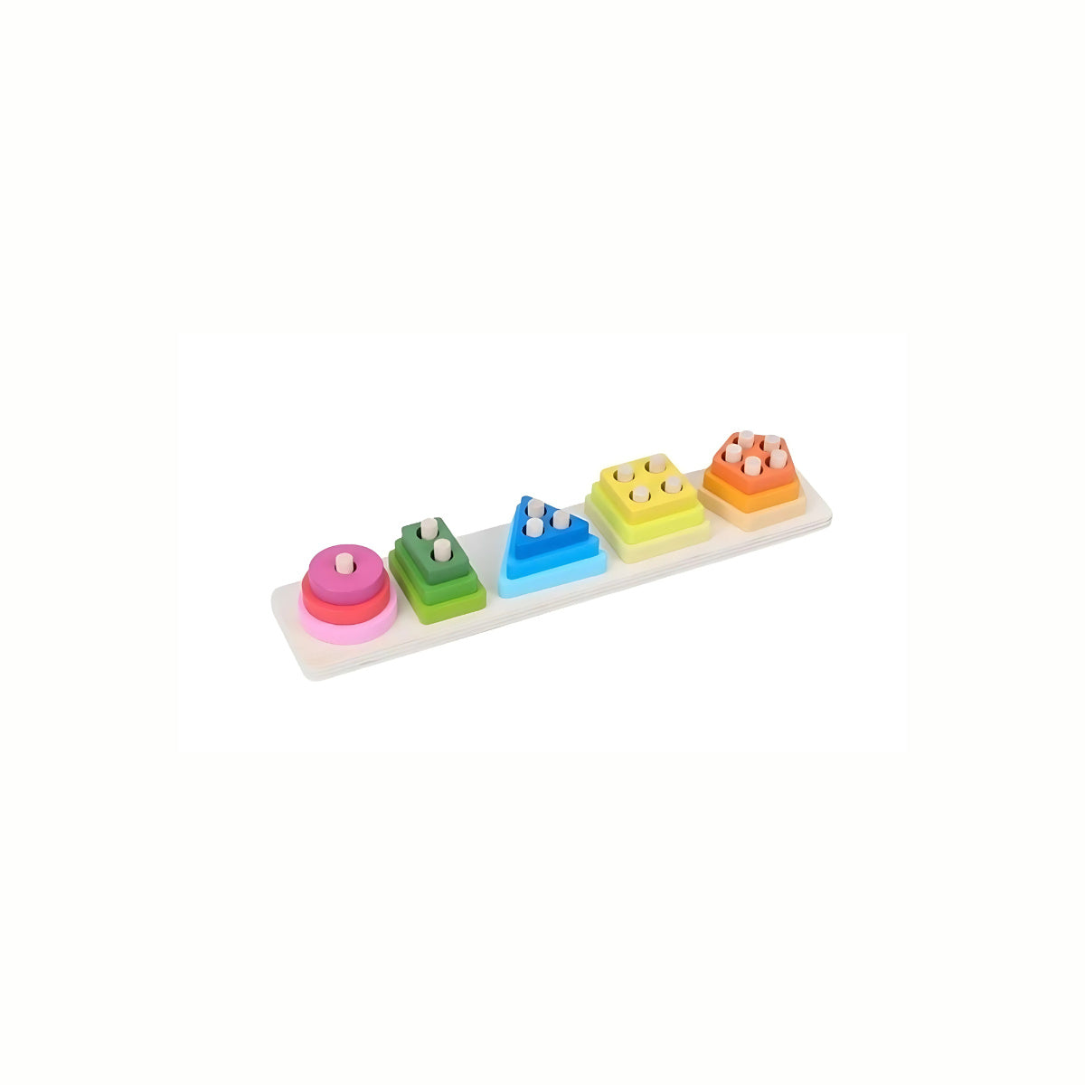 Wooden Geometric Stacking Puzzle (Stacking Style), the entire set with all geometric shapes stacked high on their pegs, perfect for shape and color recognition.