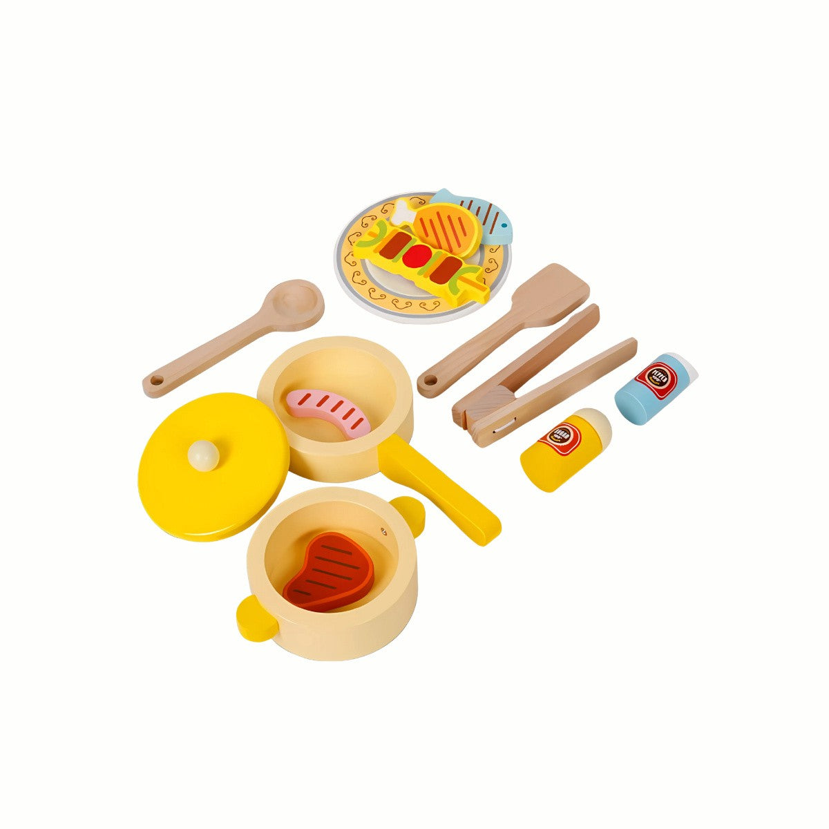 Wooden Giraffe Kitchen Playset, a top-down view of the additional cooking and food accessories, encouraging creativity and fine motor development
