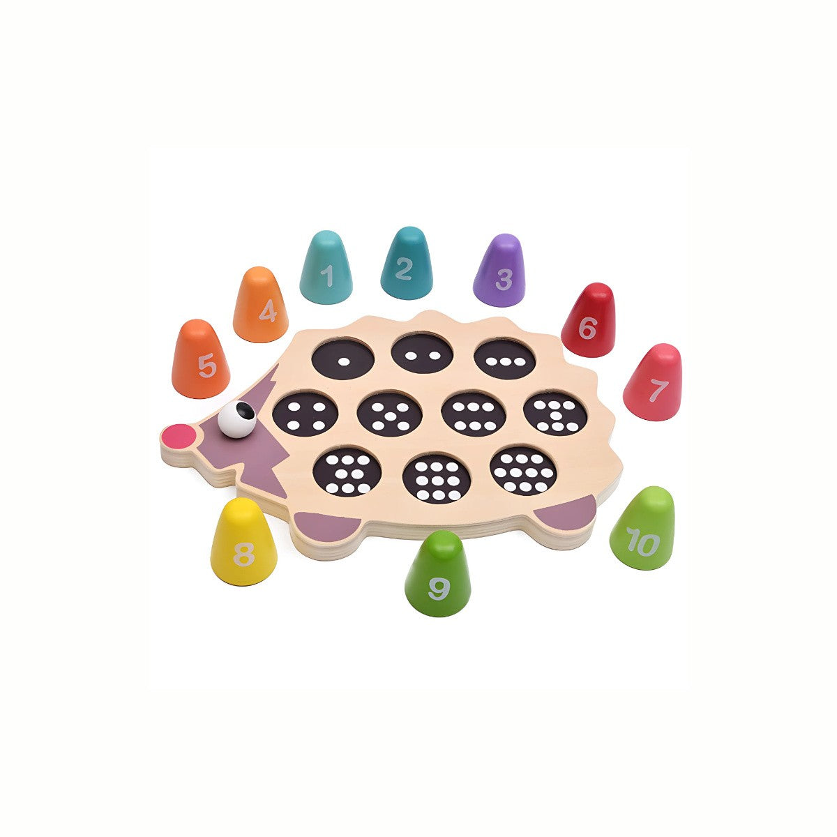 Wooden Hedgehog Number Matching Toy with all numbered cones surrounding the hedgehog base, emphasizing the colorful pieces and the task of matching for counting and fine motor skills.