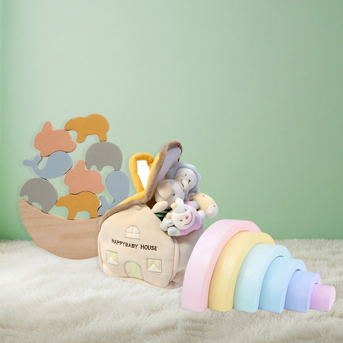 Baby toys in wood, silicone, and plush: teething toys, rattles, stackers, and high contrast sensory toys