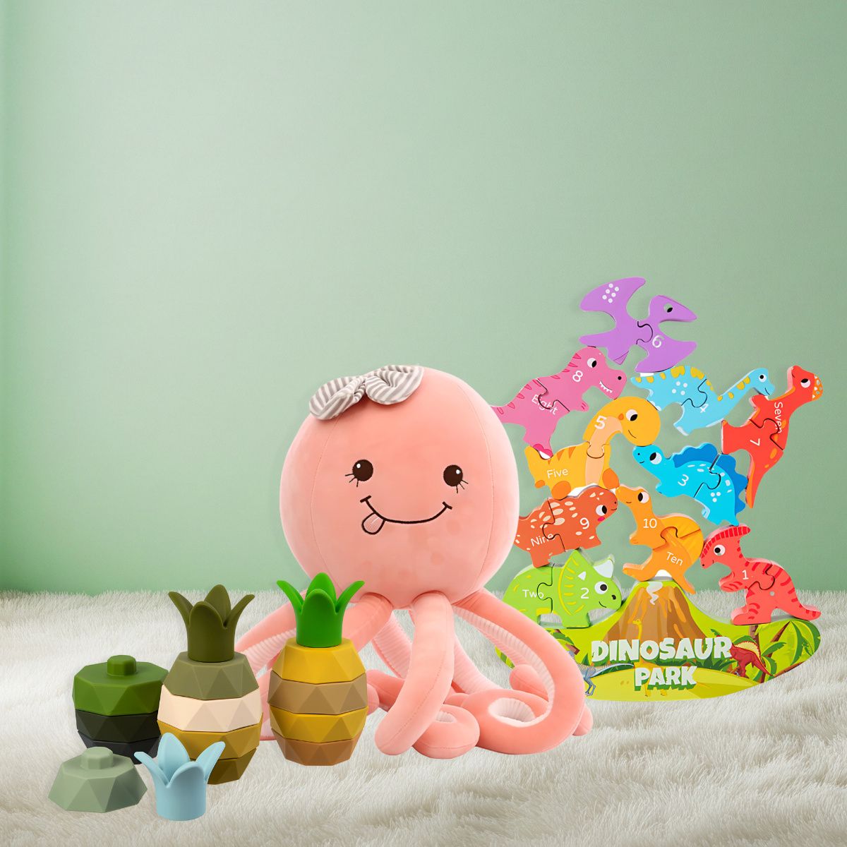 Premium eco-friendly toys featuring plush octopus, silicone stacking pineapple, and wooden dinosaur puzzle