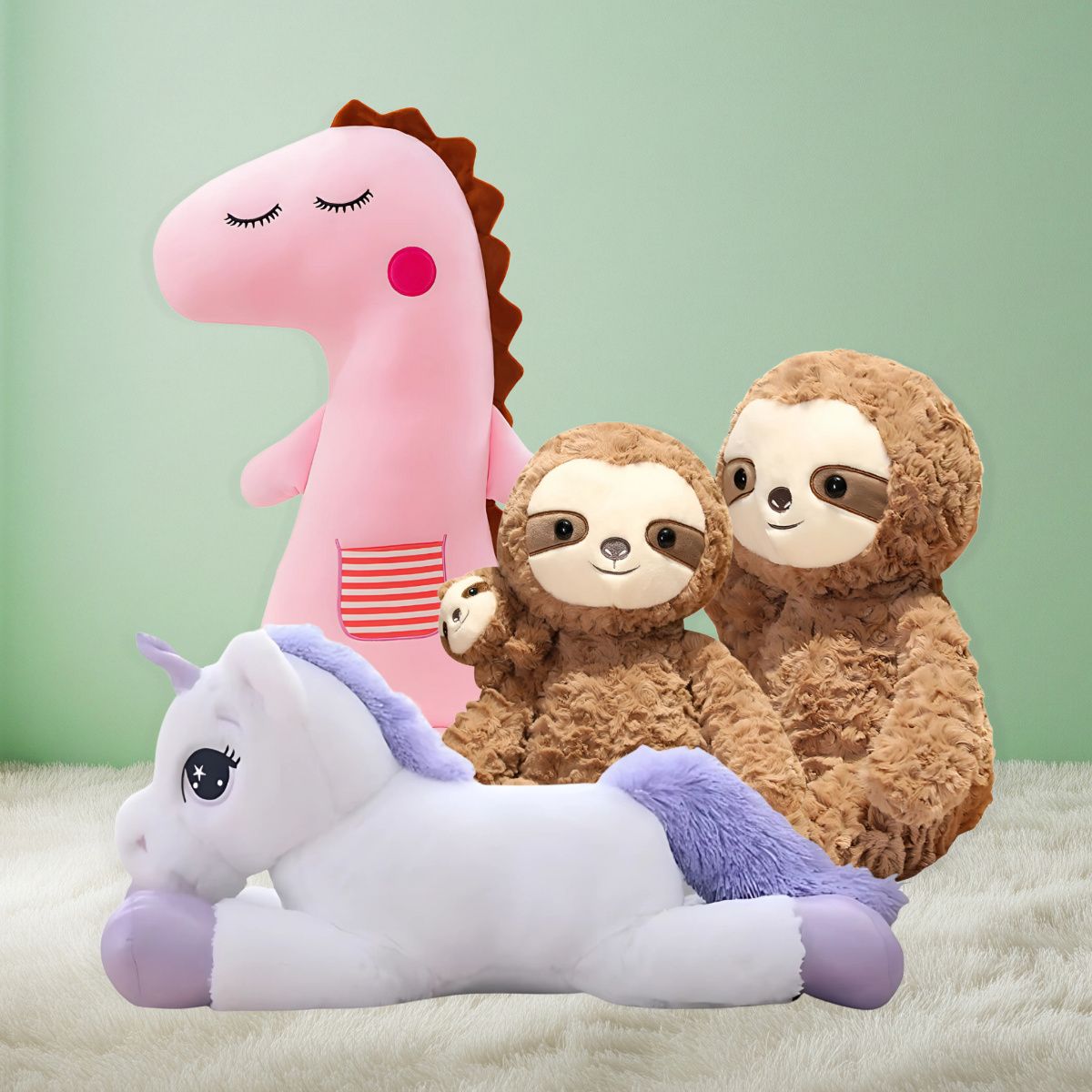 Premium plush stuffed animals: soft toys including unicorn, dinosaur, sloth, octopus, elephant, panda, teddy bear, and many more