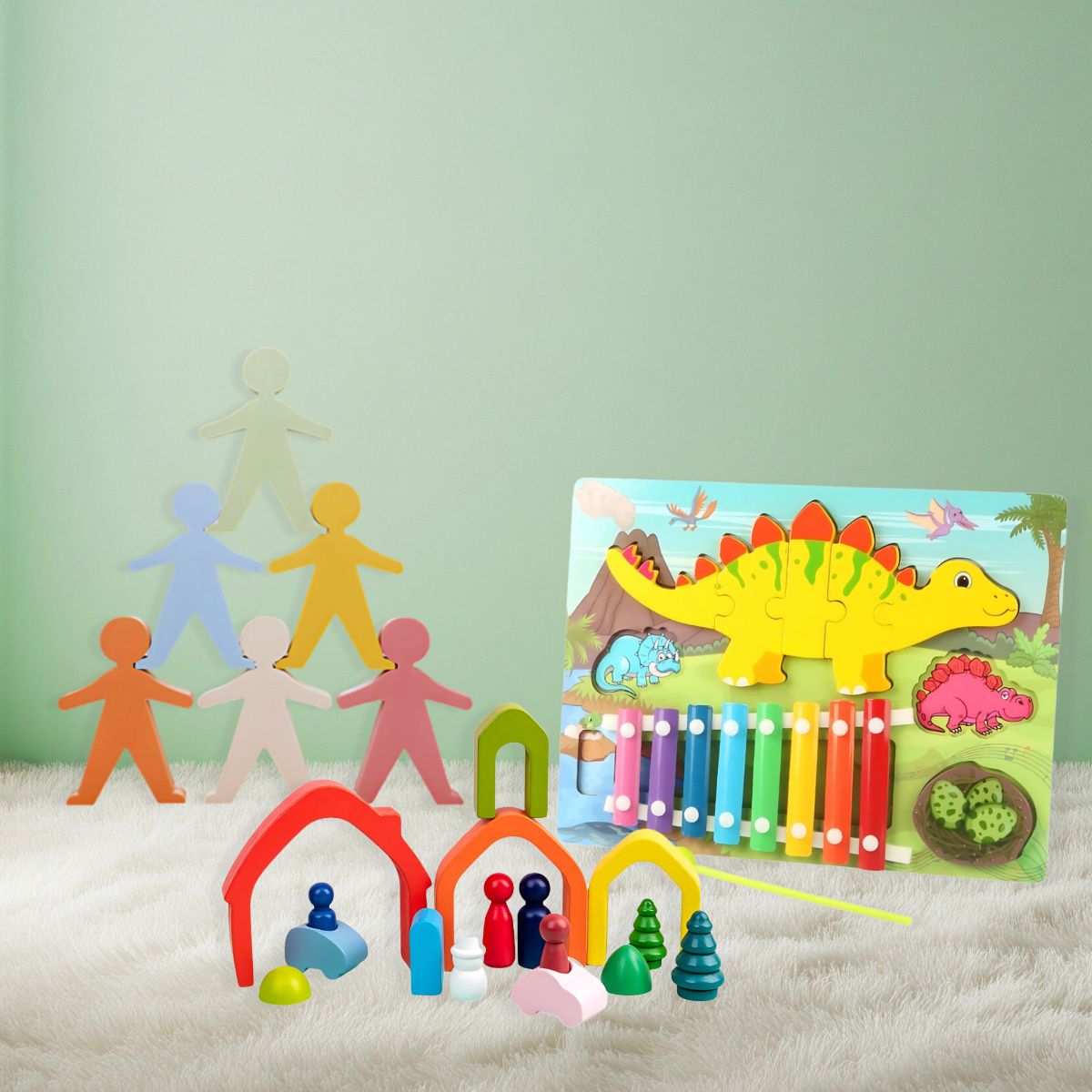 Wooden and silicone toddler toys: puzzles, trains, stacking toys, and open-ended imaginative play sets