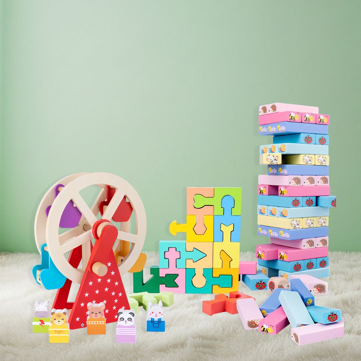 Wooden educational toys for ages 3 and up: puzzles, number and color learning games, imaginative play.