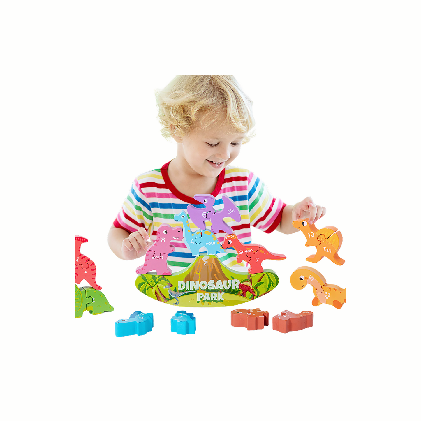 A child playing with a wooden dinosaur balance puzzle. The child is smiling and arranging the colourful dinosaur pieces on the puzzle's base.
