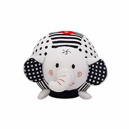 Plush black and white elephant sensory toy, high-contrast design to stimulate infant vision