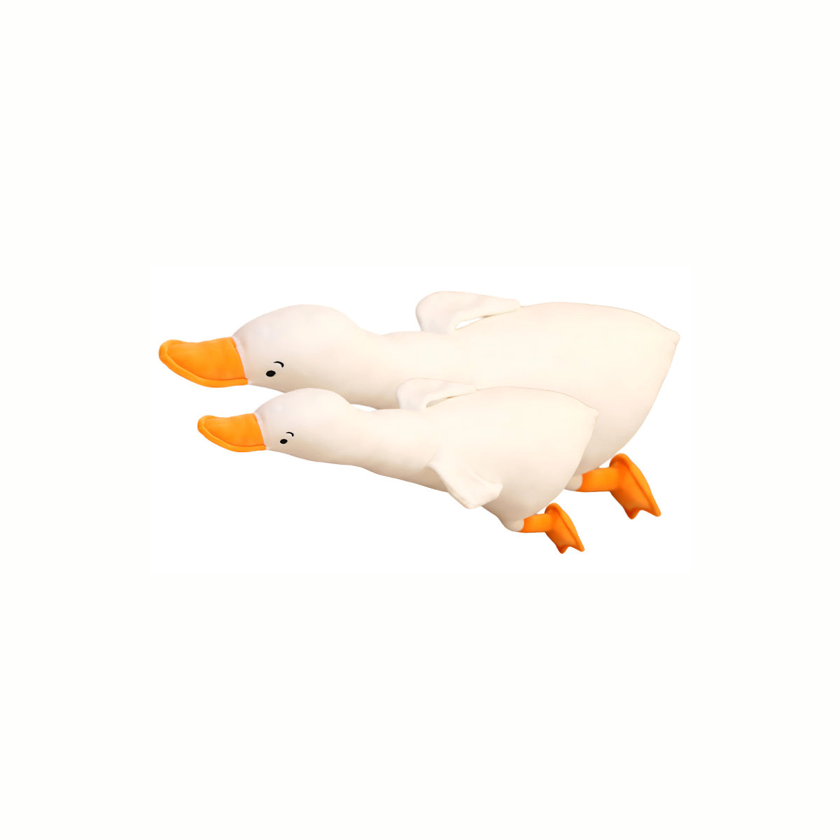 Two White Plush Adorable stuffed animal toy Geese side-by-side, demonstrating the 70cm and 140cm sizes, making them large, comfortable companions for quiet snuggles."