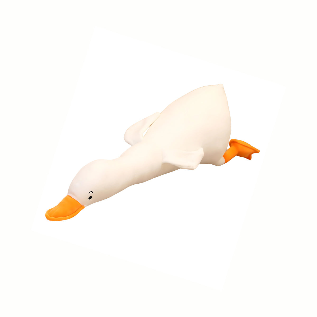 White Plush Adorable Goose stuffed animal toy from a 'flying' angle, showcasing its full huggable form and feathery soft design.