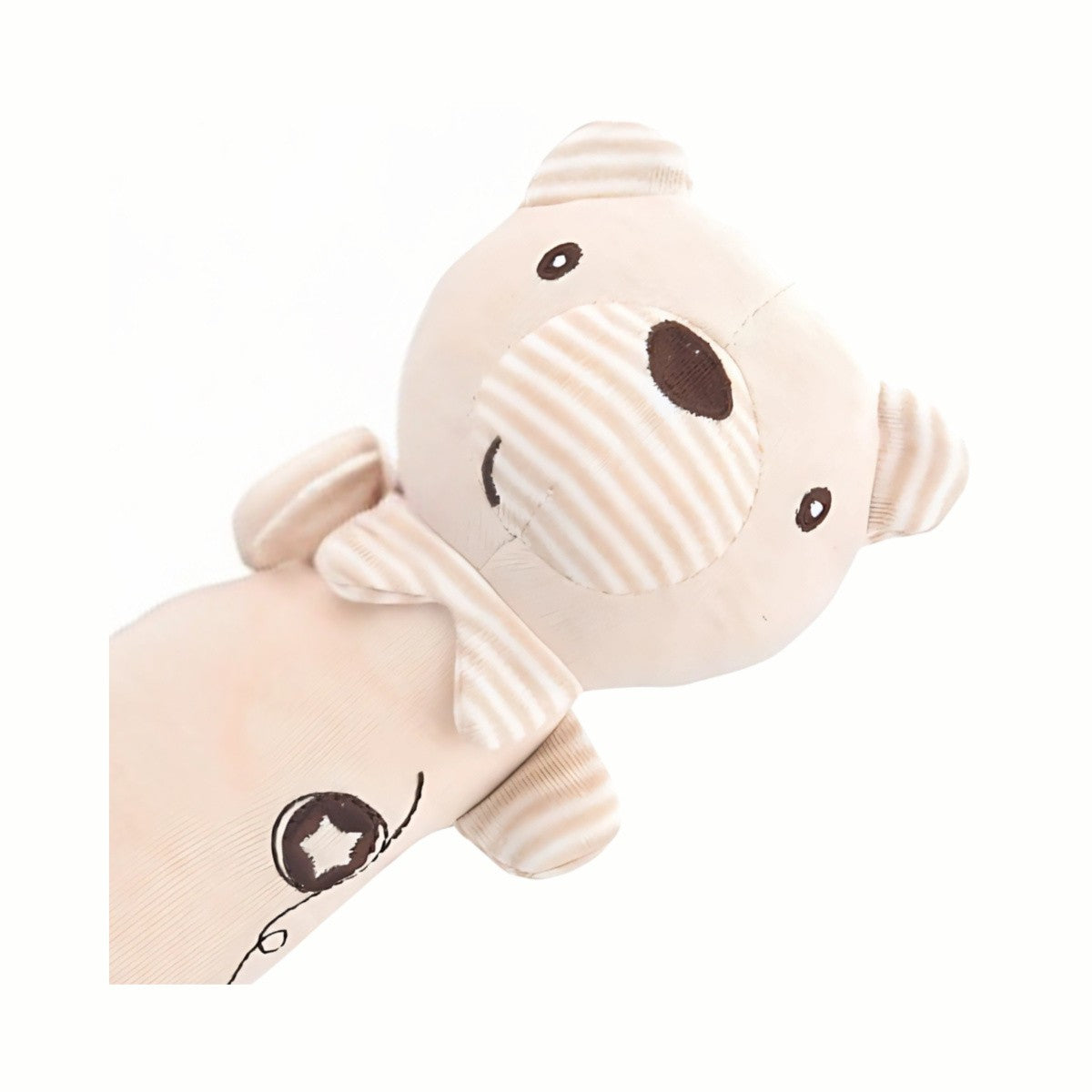 Close-up of the adorable bear face on one of the soft plush rattles, featuring an easy-to-grab design to encourage early sensory exploration.
