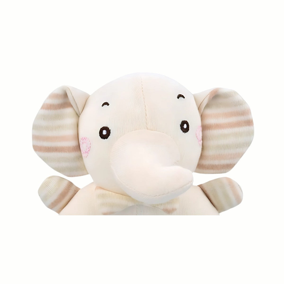 Close-up of the elephant face on the soft plush rattle, highlighting its gentle design and child-friendly stitching.