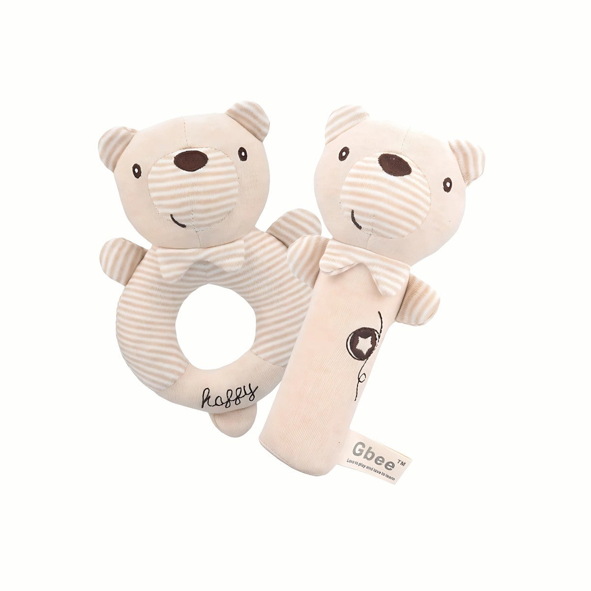 Plush Baby Rattle Set showing the soft plush bear stick and ring rattles, perfectly sized and weighted for tiny grips and comfortable tactile experience.