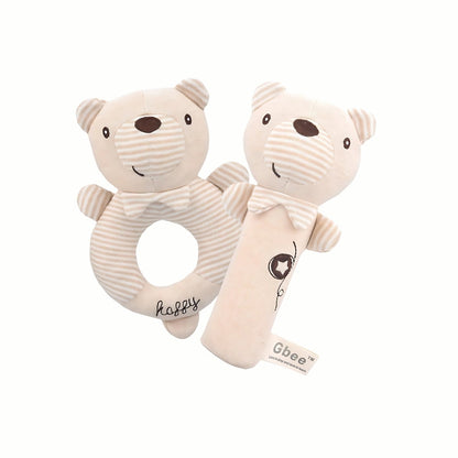 Plush Baby Rattle Set showing the soft plush bear stick and ring rattles, perfectly sized and weighted for tiny grips and comfortable tactile experience.