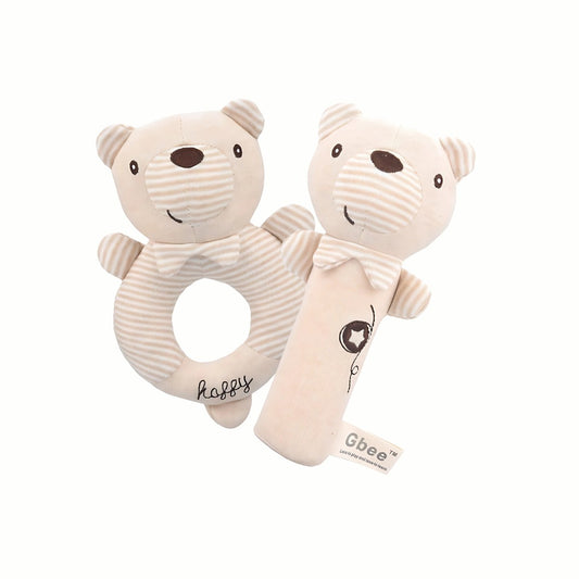 Plush Baby Rattle Set showing the soft plush bear stick and ring rattles, perfectly sized and weighted for tiny grips and comfortable tactile experience.