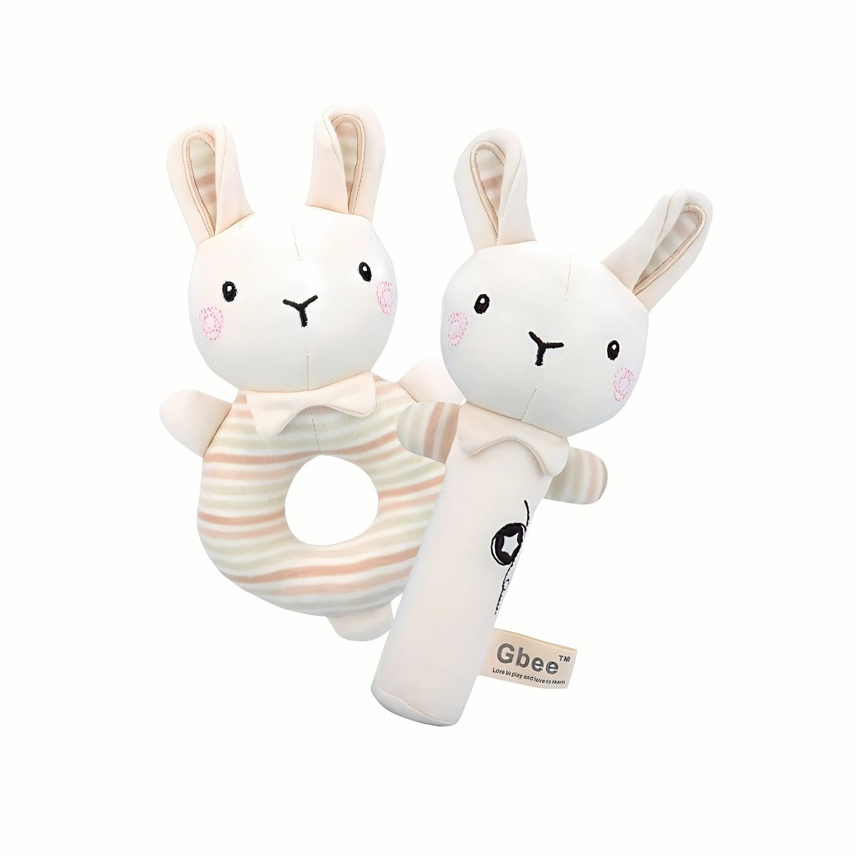 The bunny Plush Baby Rattle Set showing both ring and stick rattles, designed to bring a touch of playful comfort and auditory stimulation.