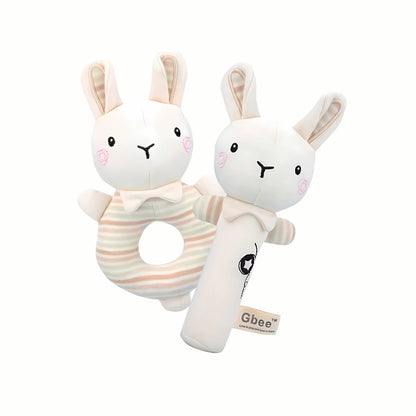 The bunny Plush Baby Rattle Set showing both ring and stick rattles, designed to bring a touch of playful comfort and auditory stimulation.