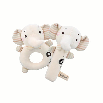 The elephant Plush Baby Rattle Set showing both the ring and stick styles, featuring soft plush textures that are baby-friendly.
