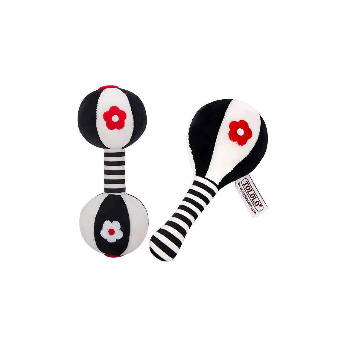 Plush Black & White Rattle Set showing both soft plush rattles with high-contrast black and white patterns, specifically captivating for newborns and young infants. The set provides auditory stimulation and encourages tactile exploration.