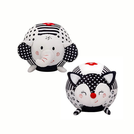 Plush Black & White Sensory Toy showing both the sweet fox and gentle elephant, featuring high-contrast black and white patterns to stimulate baby's developing vision. Crinkly textures and a gentle rattle sound enhance sensory exploration.
