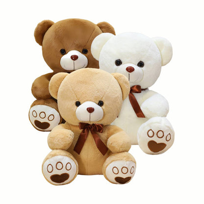 Three Plush Cozy Teddy Bears stuffed animals toys sitting together in brown, white, and beige, showcasing the three available colors of this huggable plush toy.