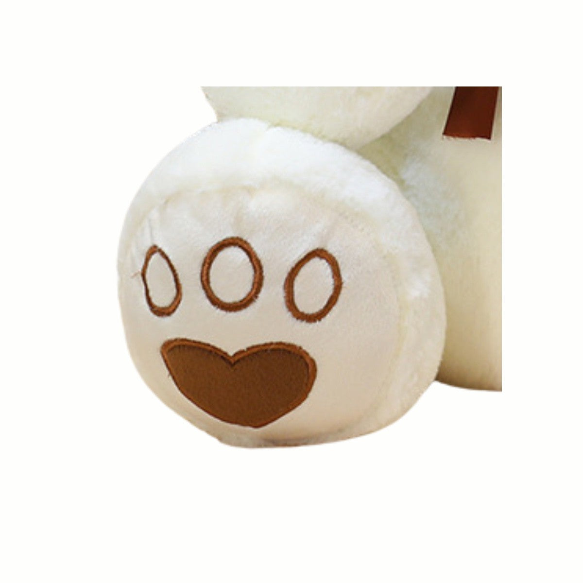 Close-up of the paw of the Plush Cozy Teddy Bear stuffed animal toy in white, featuring a small stitched heart to show its cute, loving detail.