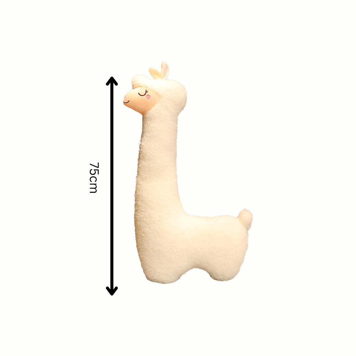  Plush Cuddly Alpaca stuffed animal toy in white, shown with an arrow indicating its impressive 75cm height, making it a perfect, large addition to any child's room