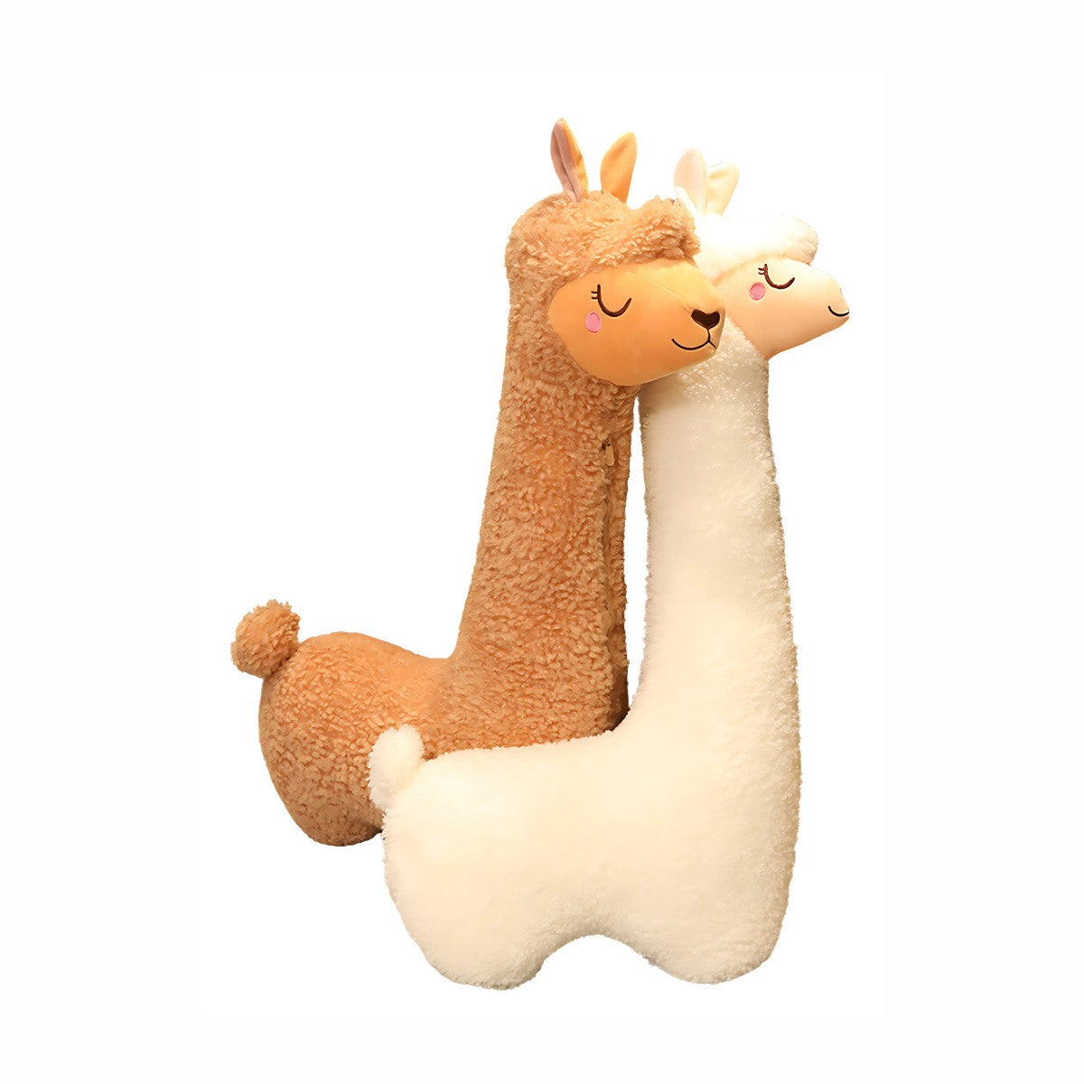 A  Plush Cuddly Alpaca stuffed animal toy in brown and one in white standing together with heads intertwined, emphasizing their soft, huggable friendship.