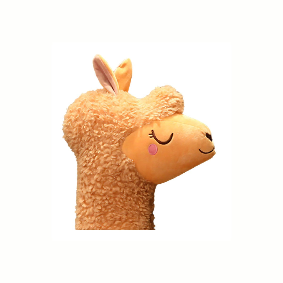 Close-up of the cute face of the  Plush Cuddly Alpaca stuffed animal toy in brown, highlighting its gentle features and soft texture.