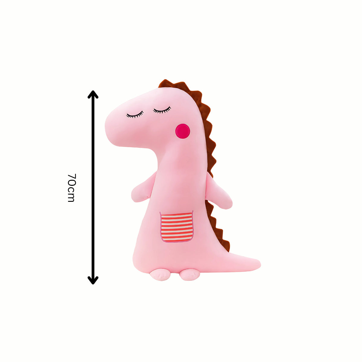 Pink Plush Cuddly Dinosaur stuffed animal toy shown with an arrow indicating its 70cm height, emphasizing its large, huggable size for comforting snuggles