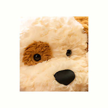 Close-up of the adorable face of the Plush Cuddly Puppy stuffed animal toy, highlighting its gentle eyes and soft, huggable form.