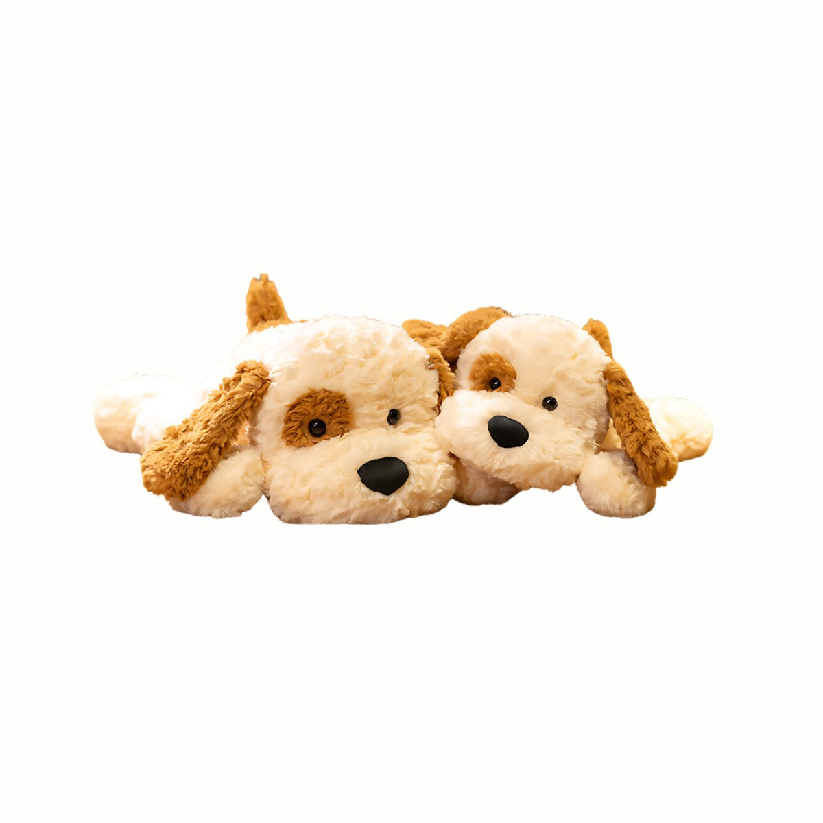 Two Plush Cuddly Puppies stuffed animal toys lying together, demonstrating the available 40cm and 70cm sizes, making them cozy, oversized companions for snuggles.